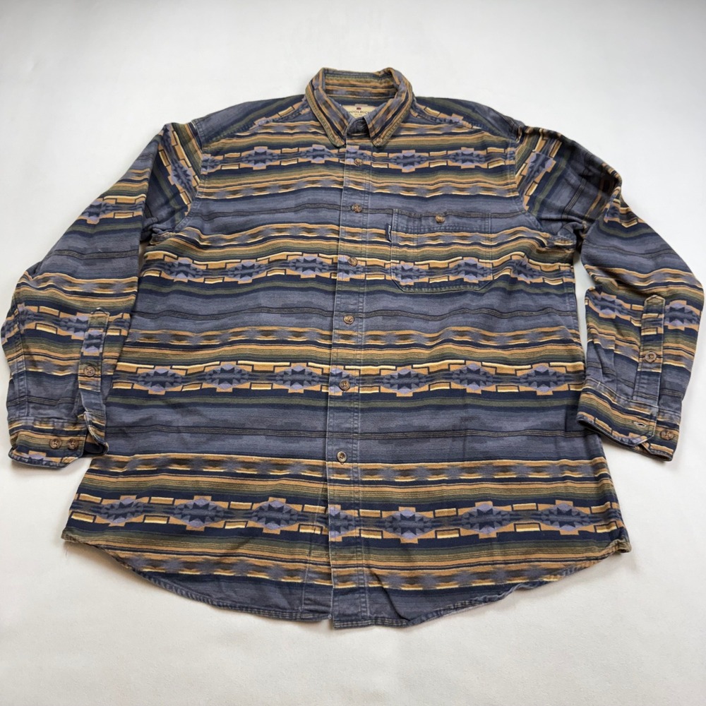 VTG Woolrich Mens Lg Navy SW Stripe Flannel Shirt Southwestern Button Down 6579